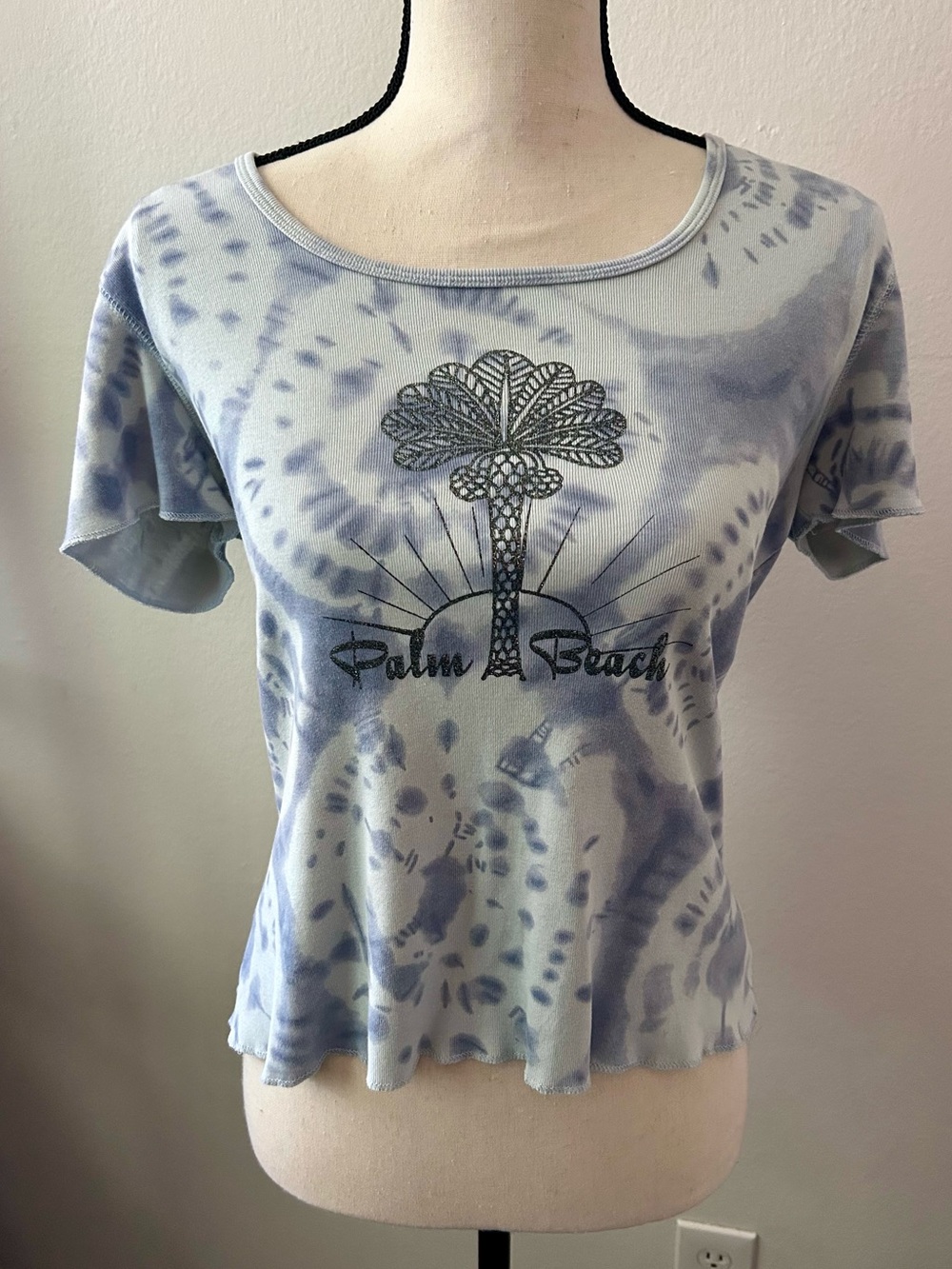 Blue White Vintage Tie-Dye Baby Tee Medium Y2K 100% Cotton Early 2000’s Beachy